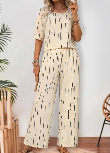 women clothes image of Beige Two-piece Geometric Print Ankle Length Short Sleeve Top