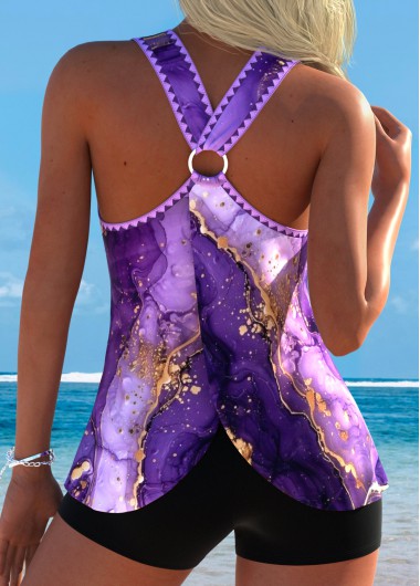 women clothes image of Tummy Coverage Mid Waisted Marble Print Purple Tankini Set