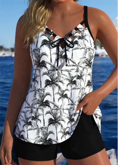 women clothes image of Pocket Mid Waisted Tropical Plants Print Black Tankini Set