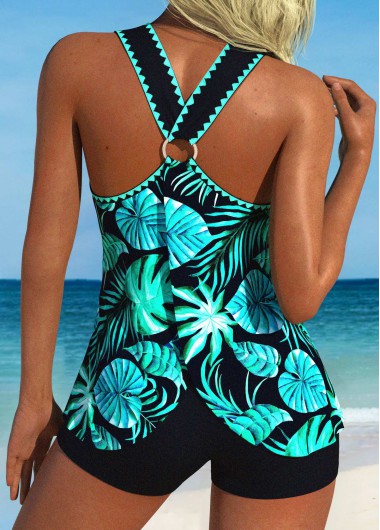 women clothes image of Circular Ring Mid Waisted Leaf Print Navy Tankini Set