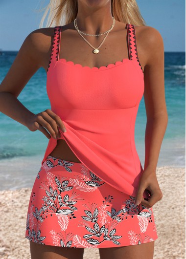 women clothes image of Tummy Coverage Mid Waisted Floral Print Coral Tankini Set
