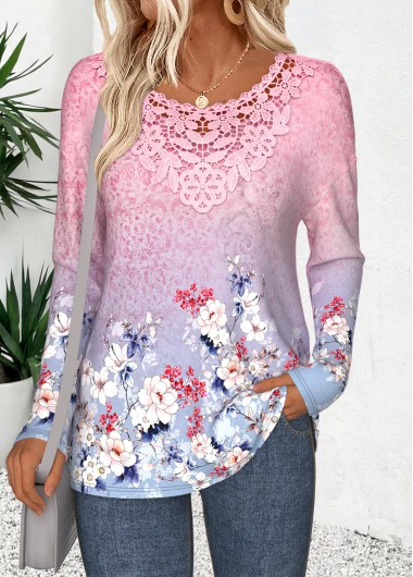 women clothes image of Pink Curved Hem Floral Print Long Sleeve T Shirt