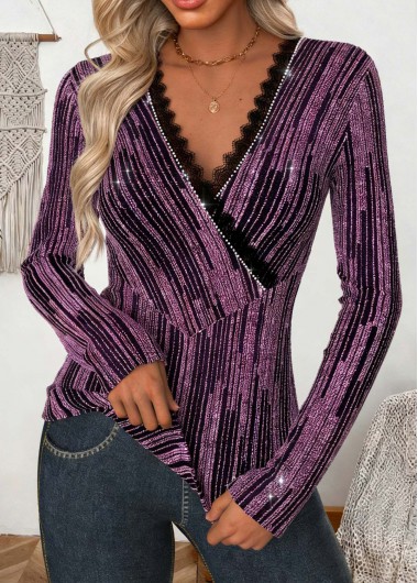 women clothes image of Purple Curved Hem Long Sleeve V Neck Blouse