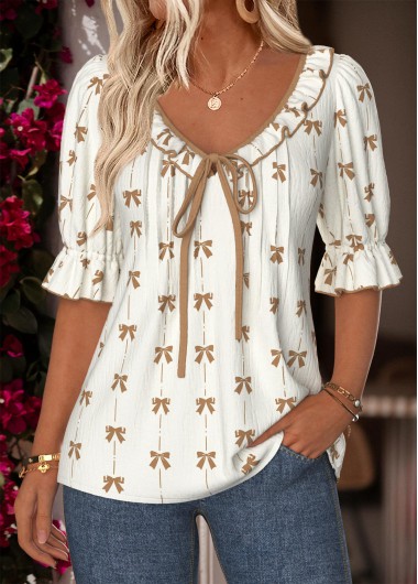 women clothes image of White Frill Geometric Print Half Sleeve V Neck Blouse