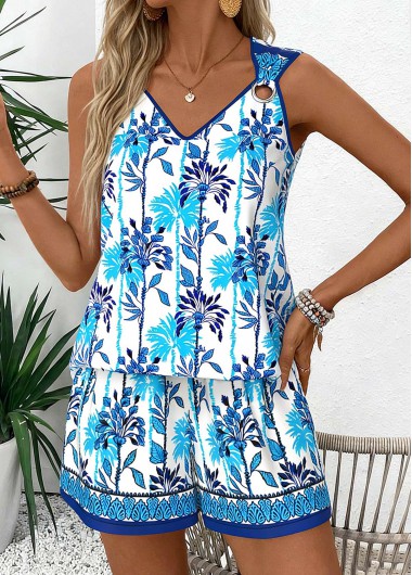 women clothes image of Blue Tummy Coverage Leaf Print Sleeveless Tank Top
