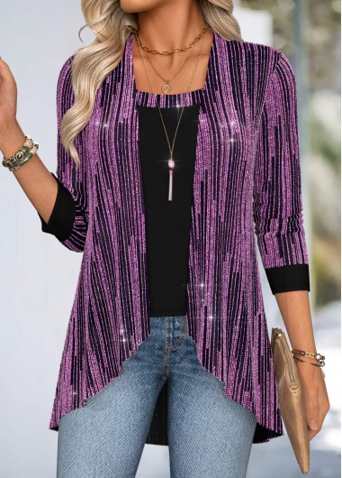 women clothes image of Purple Tummy Coverage Long Sleeve Fake Two Piece Twinset