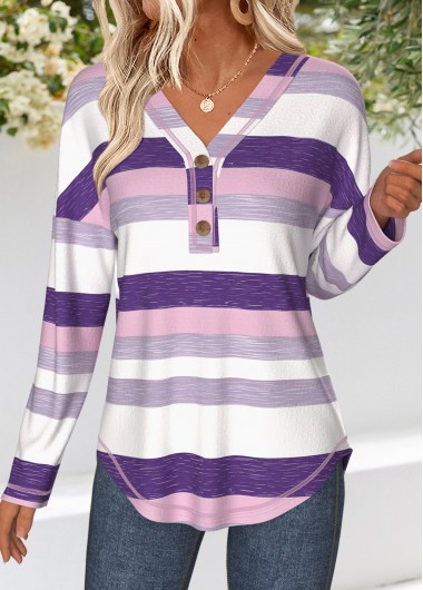 women clothes image of Purple Tummy Coverage Multi Stripe Print T Shirt
