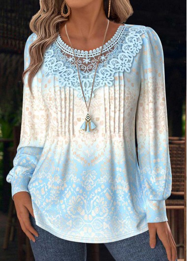 women clothes image of Light Blue Tummy Coverage Tribal Print T Shirt