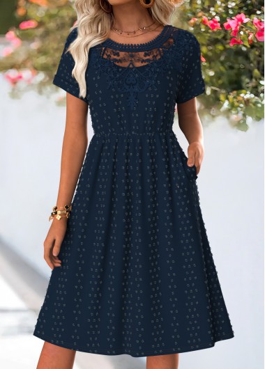 women clothes image of Dark Blue Tummy Coverage Short Sleeve Round Neck Dress