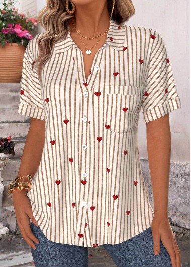 women clothes image of Beige Striped Patch Pocket Short Sleeve Shirt
