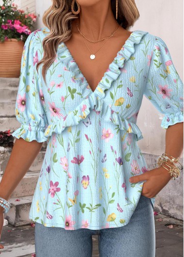 women clothes image of Light Blue Ruffle Floral Print Half Sleeve Blouse