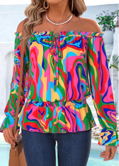 women clothes image of Multi Color Frill Geometric Print Blouse