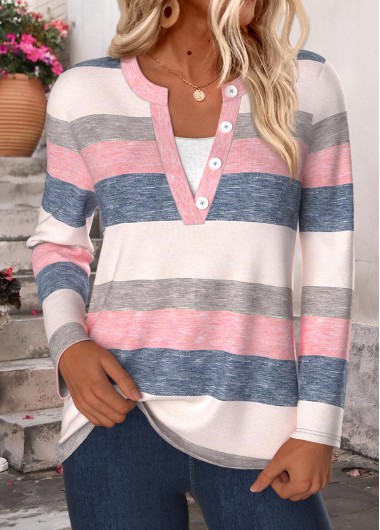 women clothes image of Multi Color Tummy Coverage Striped Long Sleeve T Shirt