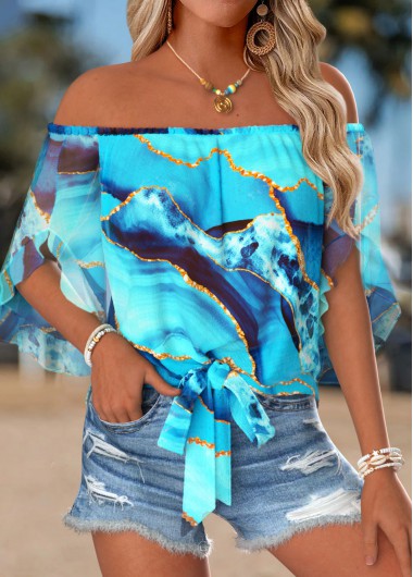 women clothes image of Blue Tie Ombre Half Sleeve Off Shoulder Blouse