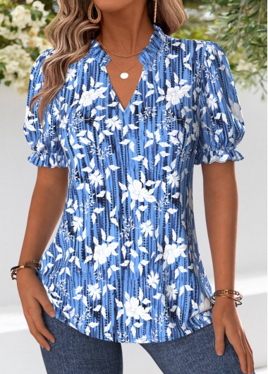 women clothes image of Blue Curved Hem Floral Print Short Sleeve Blouse