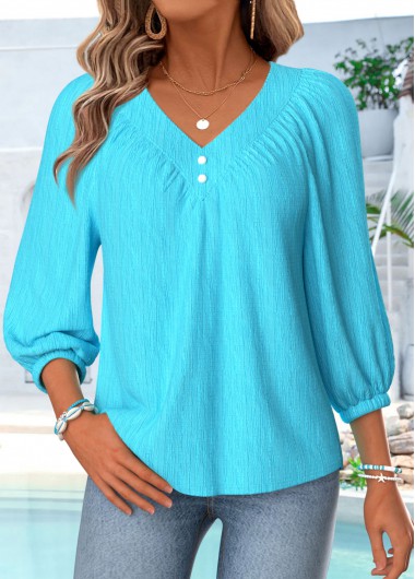 women clothes image of Blue Curved Hem 3/4 Sleeve V Neck Blouse