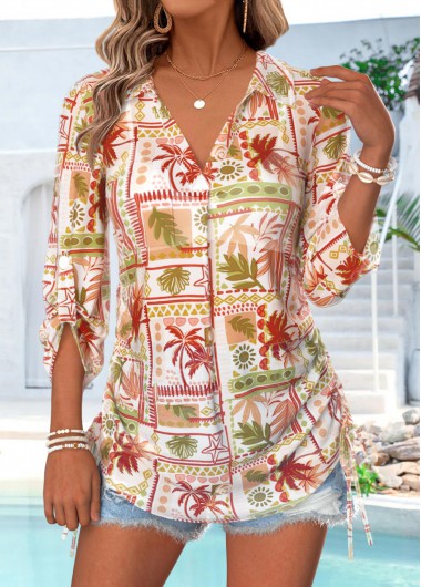 women clothes image of Multi Color Shirred Tropical Plants Print Long Sleeve Blouse
