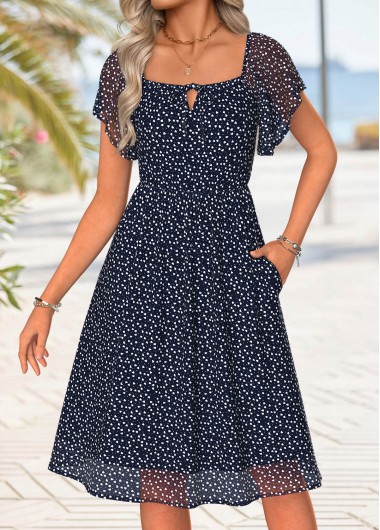 women clothes image of Navy Tummy Coverage Heart Print Short Sleeve Dress