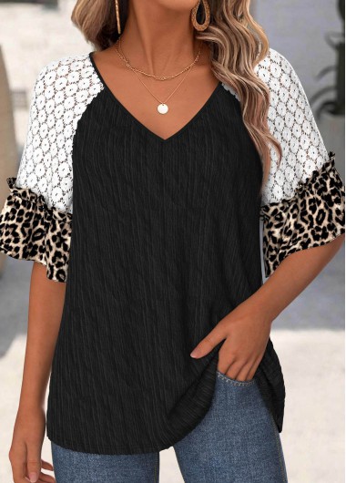 women clothes image of Black Tummy Coverage Leopard Half Sleeve T Shirt