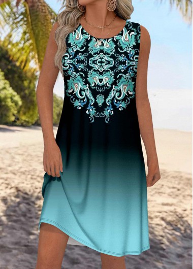 women clothes image of Multi Color Tribal Print Sleeveless Round Neck Dress