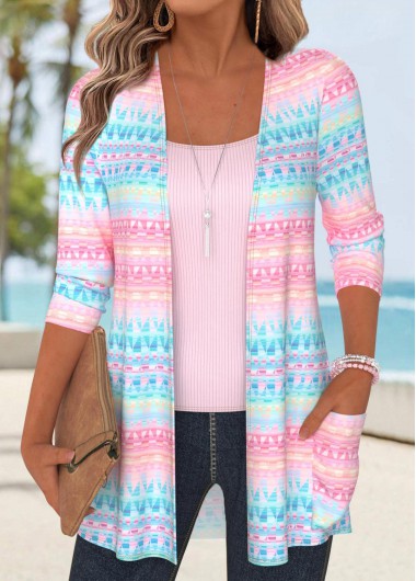 women clothes image of Multi Color Tummy Coverage Geometric Print 3/4 Sleeve Coat