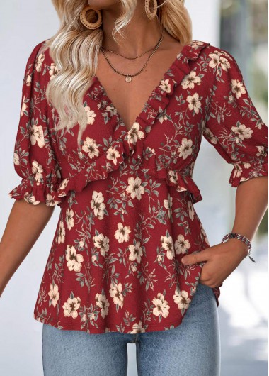 women clothes image of Wine Red Tummy Coverage Floral Print Half Sleeve Blouse