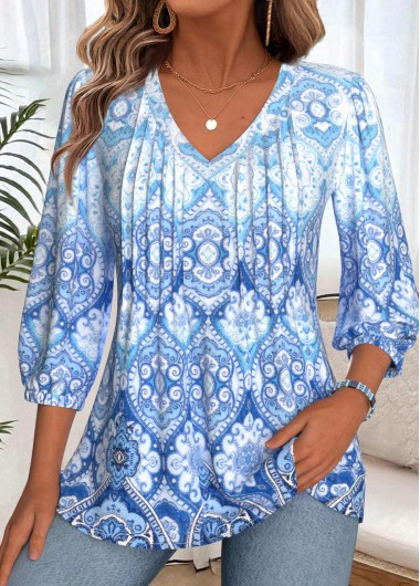 women clothes image of Blue Tummy Coverage Tribal Print 3/4 Sleeve Blouse
