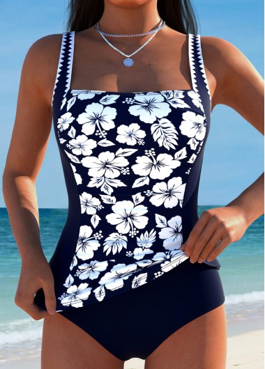 women clothes image of Tummy Coverage Mid Waisted Floral Print Navy Tankini Set
