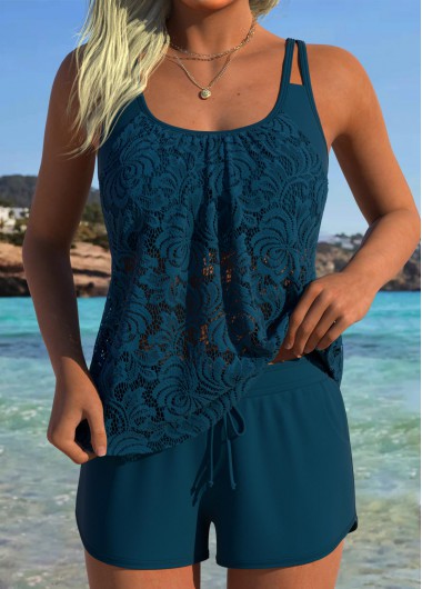 women clothes image of Tummy Coverage Mid Waisted Peacock Blue Tankini Set