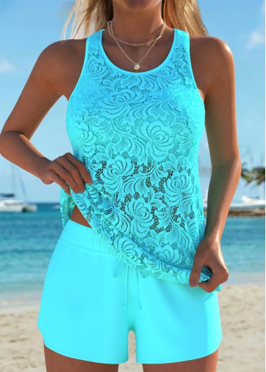 women clothes image of Tummy Coverage Mid Waisted Cyan Tankini Set