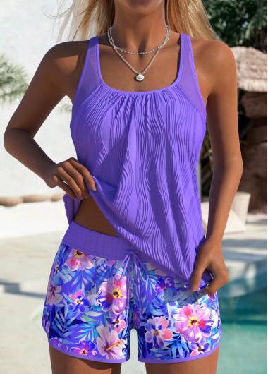 women clothes image of Tummy Coverage Mid Waisted Floral Print Purple Tankini Set
