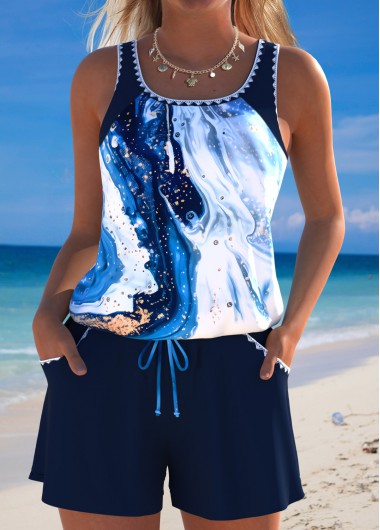 women clothes image of Tummy Coverage Marble Print Blue One Piece Swimwear