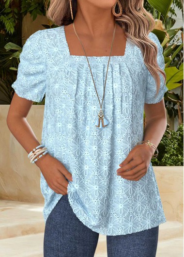 women clothes image of Light Blue Tummy Coverage Short Sleeve Square Neck Blouse