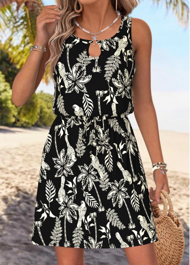 women clothes image of Black Tummy Coverage Tropical Plants Print Short Sleeveless Dress