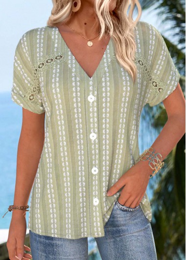 women clothes image of Sage Green Tummy Coverage Short Sleeve V Neck Blouse