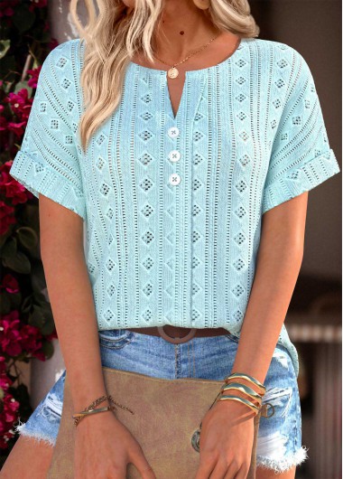 women clothes image of Mint Green Short Sleeve Split Neck Blouse