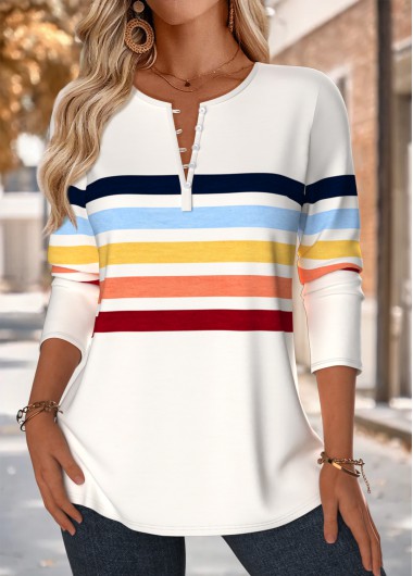 women clothes image of Multi Color Button Striped Long Sleeve Split Neck Blouse