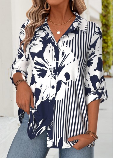 women clothes image of Navy Tummy Coverage Floral Print 3/4 Sleeve Shirt