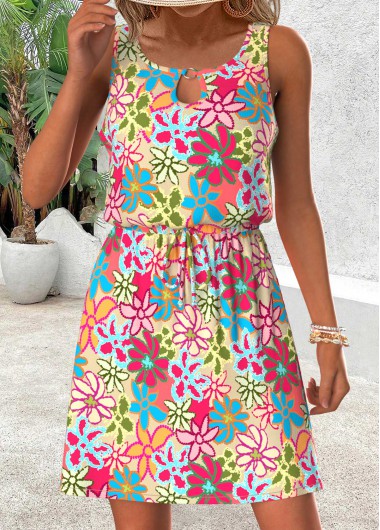 women clothes image of Multi Color Tummy Coverage Floral Print Short Sleeveless Dress