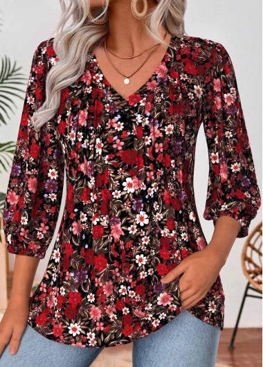women clothes image of Deep Red Tummy Coverage Floral Print 3/4 Sleeve Blouse