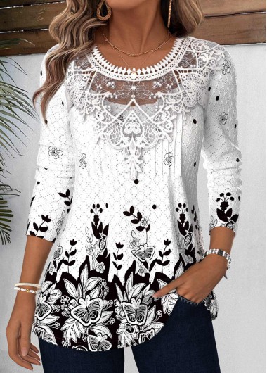 women clothes image of White Tummy Coverage Floral Print Long Sleeve T Shirt