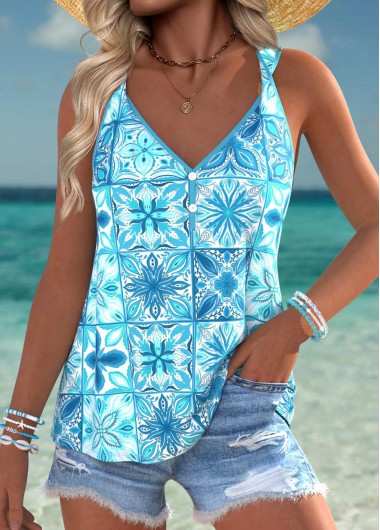 women clothes image of Light Blue Tummy Coverage Tribal Print Sleeveless Tank Top