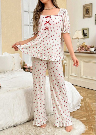 women clothes image of Beige Ditsy Floral Print Lounge Top and Pants