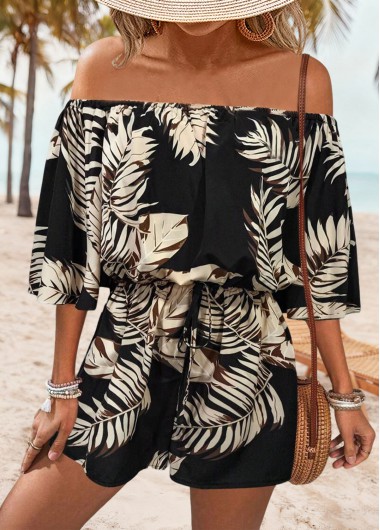 women clothes image of Black Lace Up Leaf Print Short Half Sleeve Romper