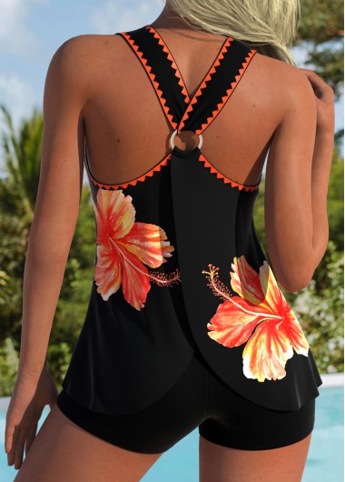 women clothes image of Tummy Coverage Mid Waisted Floral Print Orange Tankini Set