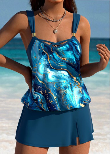 women clothes image of Lace Up Mid Waisted Marble Print Tankini Set