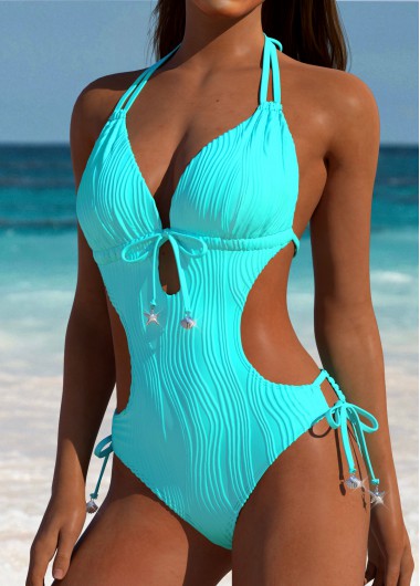 women clothes image of Ruched Tie Cyan One Piece Swimwear