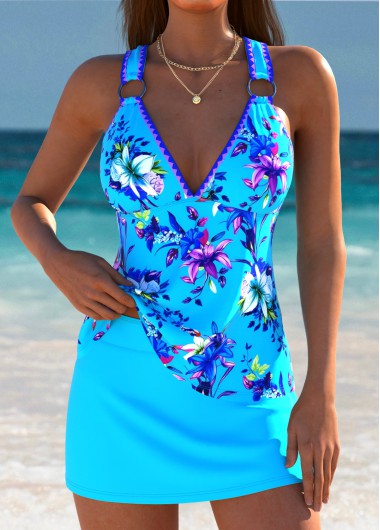 women clothes image of Lace Up Mid Waisted Floral Print Tankini Set