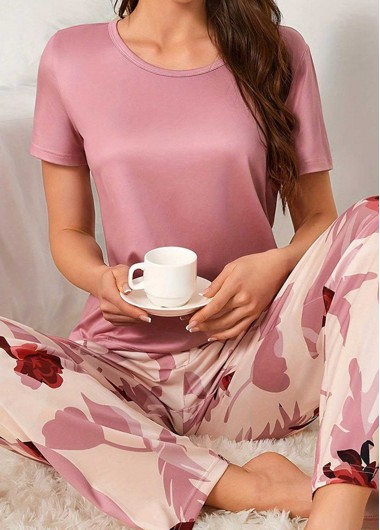 women clothes image of Pink Floral Print Short Sleeve Lounge Top and Pants