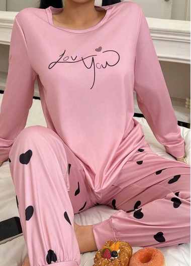 women clothes image of Pink Heart Print Long Sleeve Lounge Top and Pants